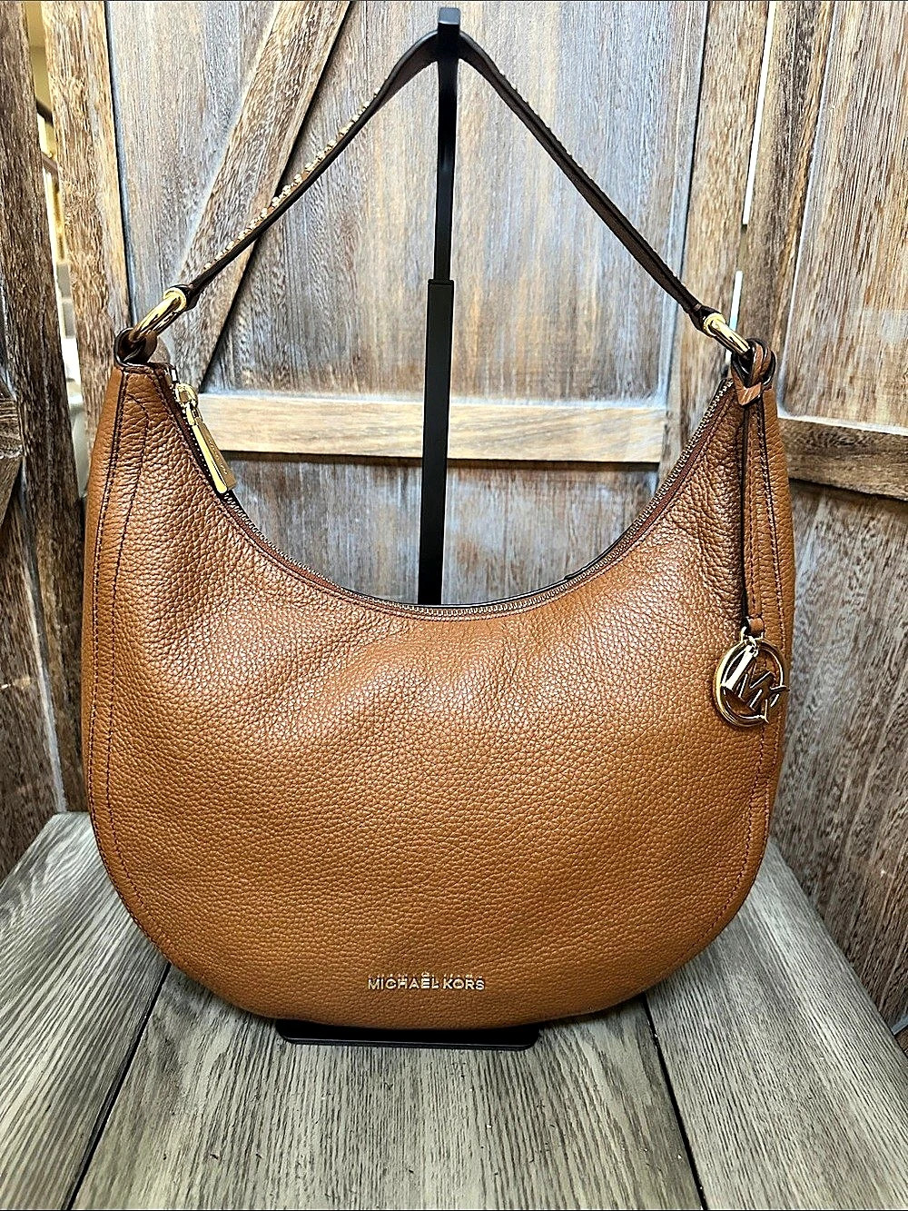 Michael Kors Lydia Acorn Brown Pebbled Leather Hobo Gold Studded Shoulder Stap
